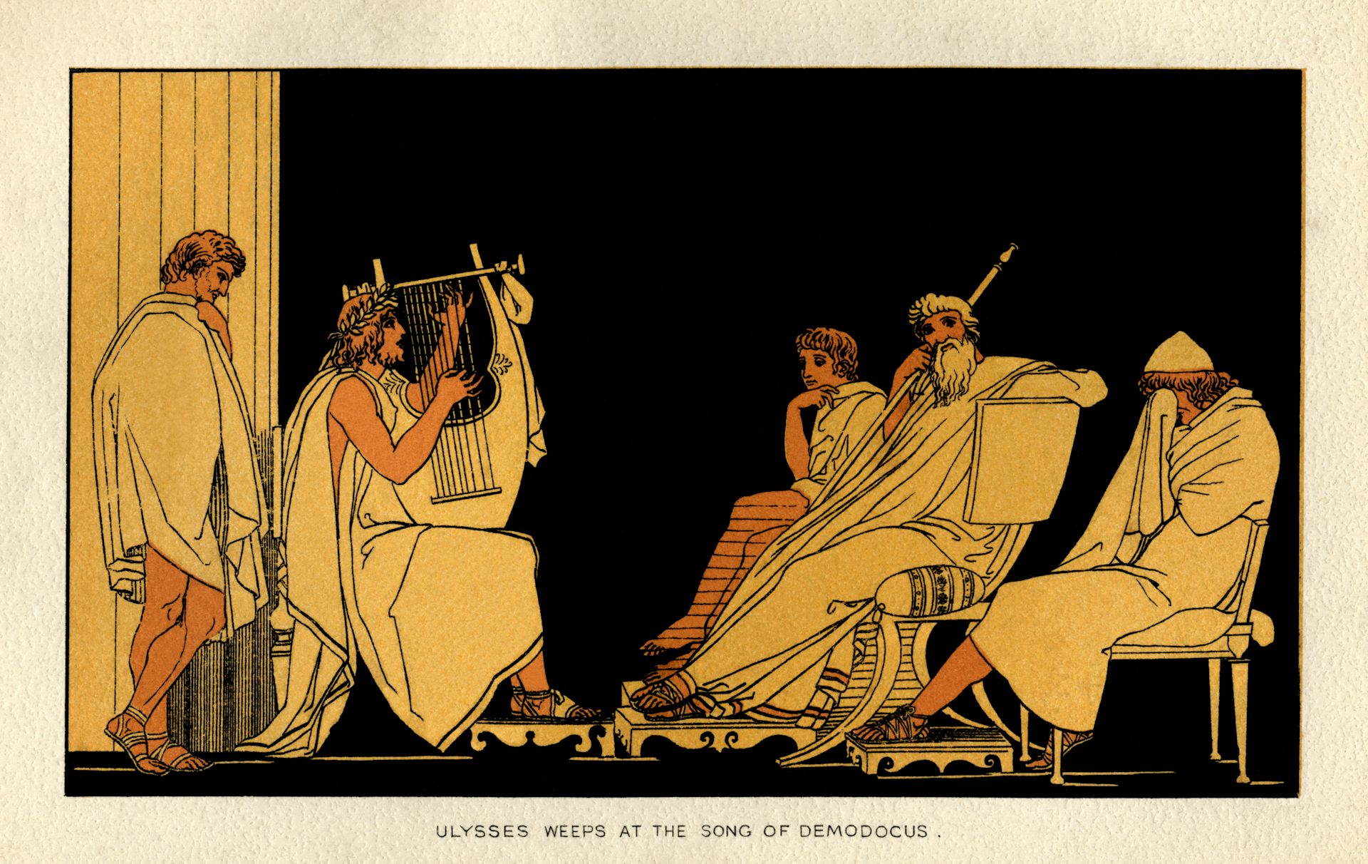 An illustration, based on ancient Greek literature, depicting a man weeping as another man nearby plays the harp.