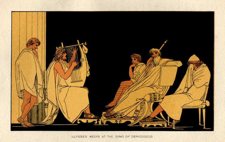 An illustration, based on ancient Greek literature, depicting a man weeping as another man nearby plays the harp.