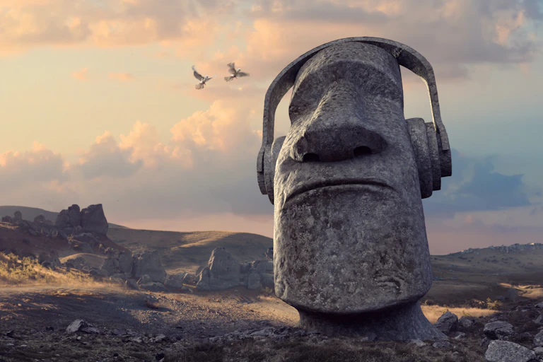 A stone statue of a head wearing headphones as if listening to music.