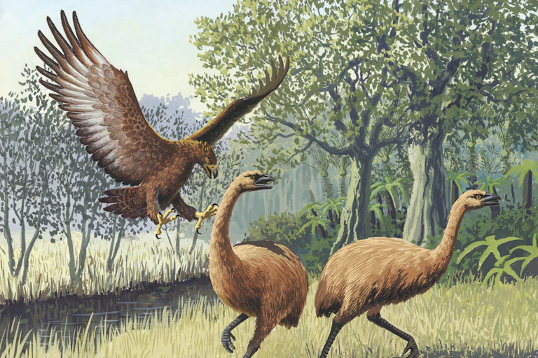 Ilustración de un águila atacando a unas aves terrestres.