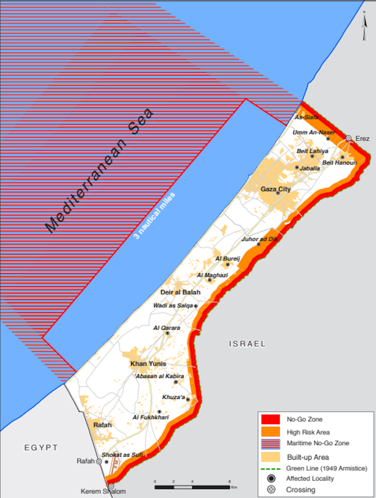 A map showing the Gaza Strip and the 1949 Armistice green line, as well as key cities, no-go zones and high-risk areas.
