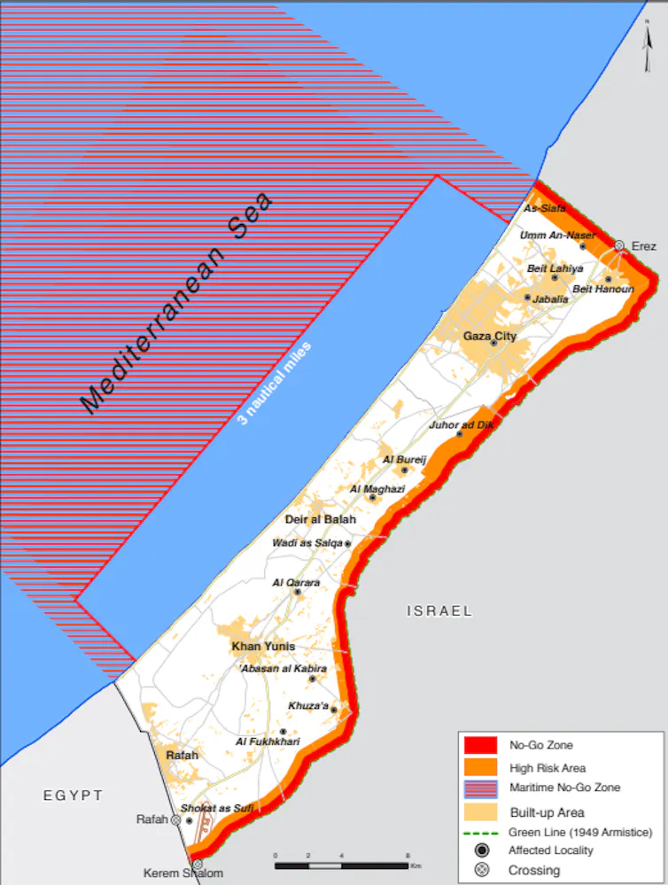 A map showing the Gaza Strip and the 1949 Armistice green line, as well as key cities, no-go zones and high-risk areas.