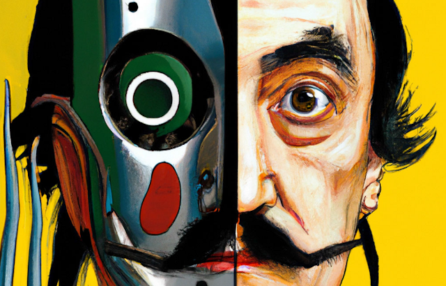 Cara dividida en dos: una mitad es de Dalí, la otra un robot.