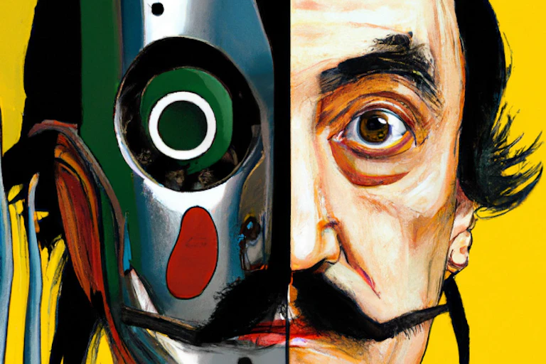 Cara dividida en dos: una mitad es de Dalí, la otra un robot.