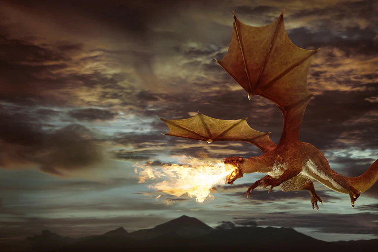 Fire-breathing dragon flies through twilight sky.