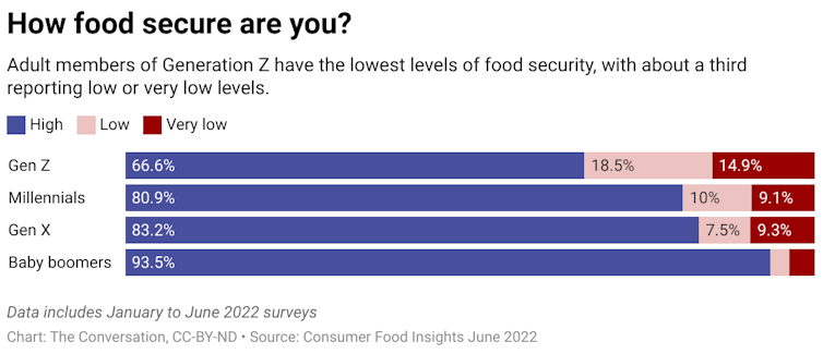 A bar graph showing the breakdown of food security levels for Gen Z, Millenials, Gen X and Boomers. The bars for each generation are broken into high, low and very low.