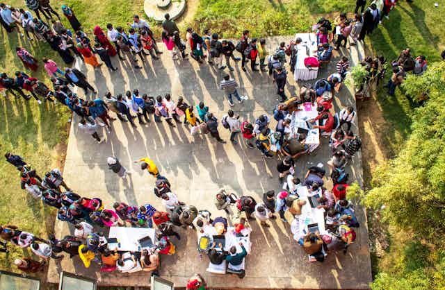 Aerial photo of people queueing