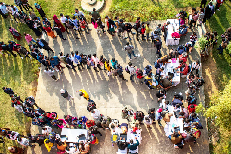 Aerial photo of people queueing
