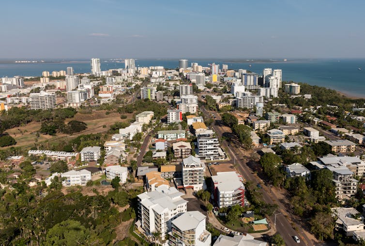 aerial view of Darwin showing apartment buildings, trees and roads