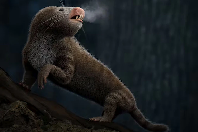 Seekor binatang kecil yang terlihat seperti tikus dengan tubuh panjang, berdiri di atas pohon dengan latar belakang gelap, menghembuskan uap
