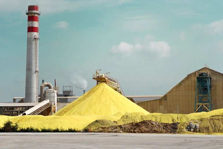 A pile of yellow sulfur outside a factory.