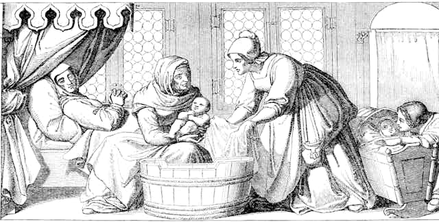 line drawing of medieval birth scene with mother, midwife, baby and others