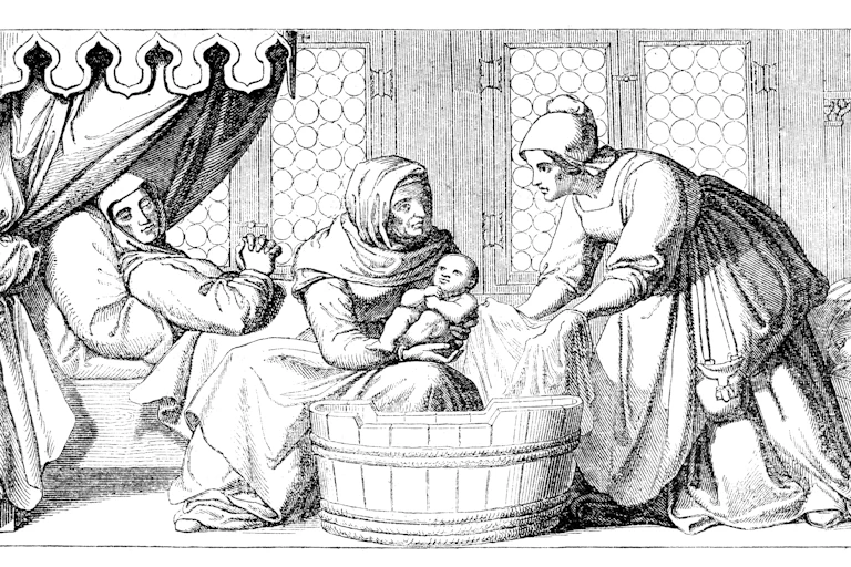 line drawing of medieval birth scene with mother, midwife, baby and others