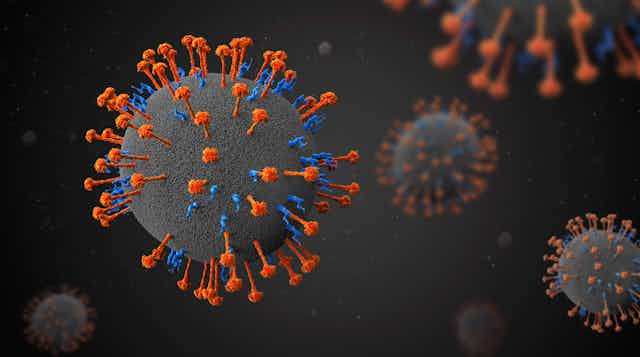 Ilustración de un virus en gris con espículas naranjas y azules.