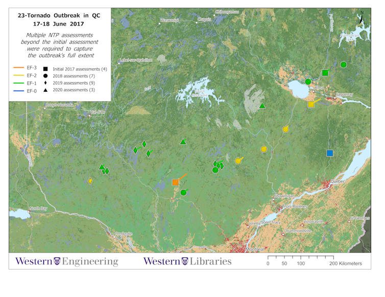 Map depicting a 2017 tornado outbreak in Québec