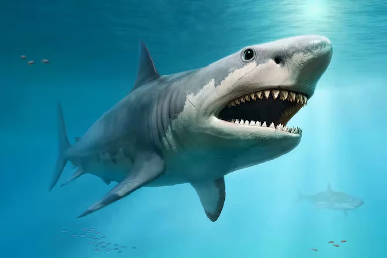Dengan mata hitam dan tubuh abu-abu dan putih, hiu megalodon menjelajahi lautan purba.