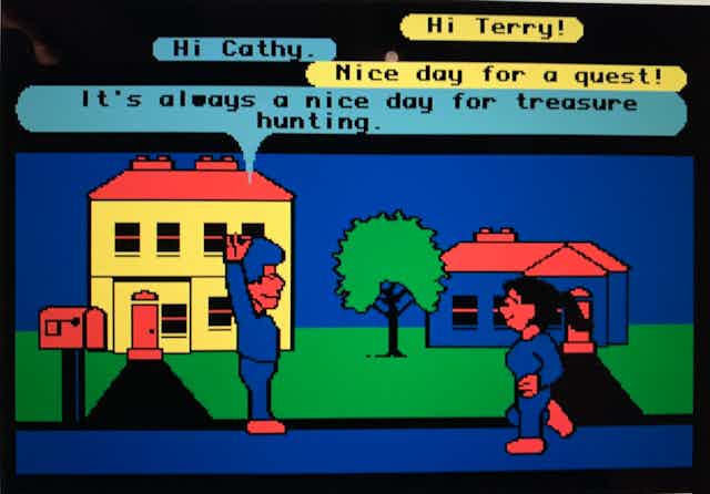 cartoon image of two people on a street in front of two houses with text balloons above the characters