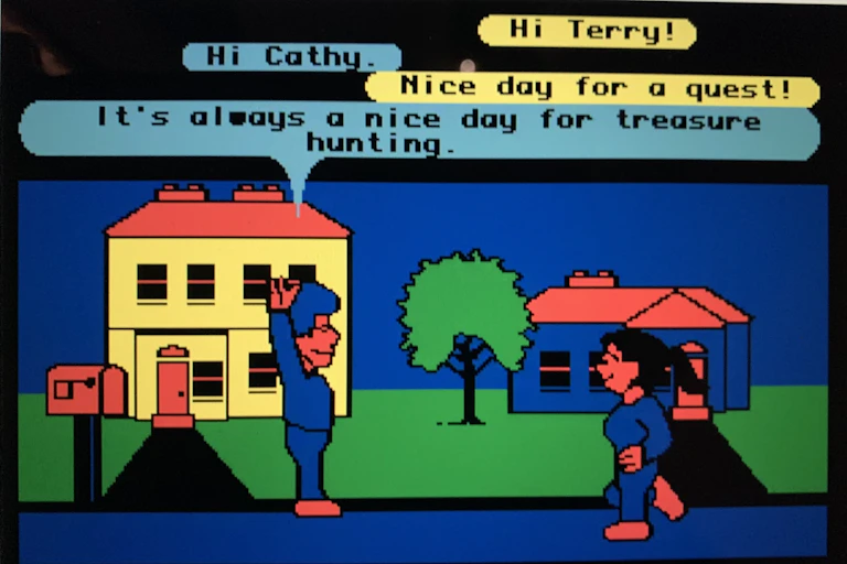 cartoon image of two people on a street in front of two houses with text balloons above the characters