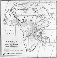 A map of Africa showing slave trade routes