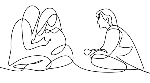 A black and white sketch shows three people sitting together on the floor, looking in their general directions. 