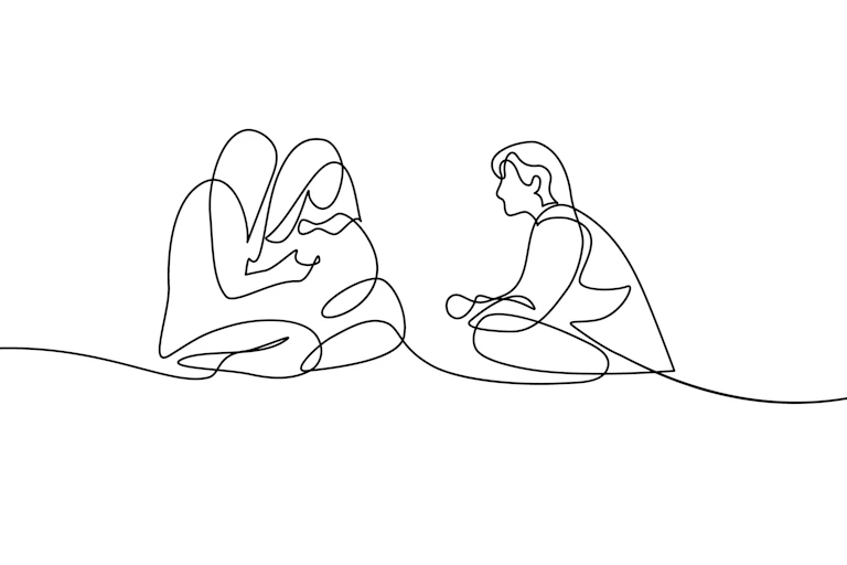 A black and white sketch shows three people sitting together on the floor, looking in their general directions.