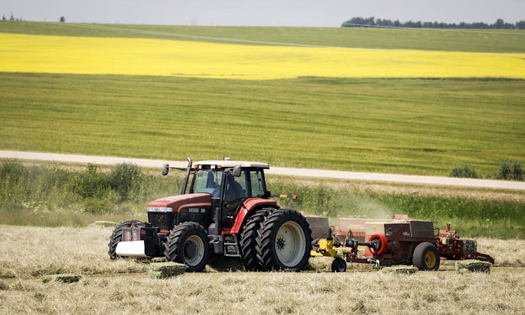 A tractor baling hay crop in a wide open field