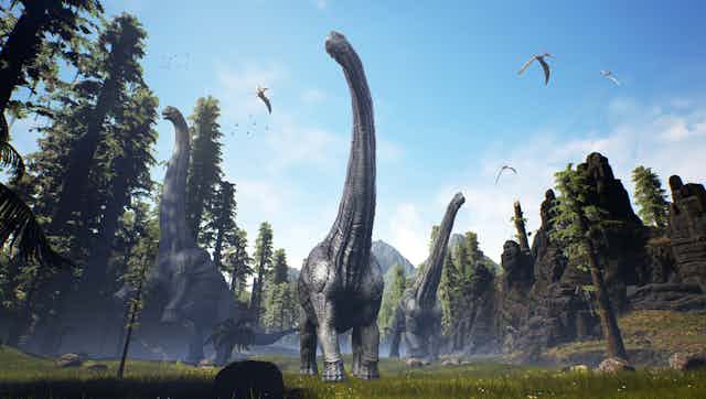 Three large dinosaurs with long necks towering over a forest landscape