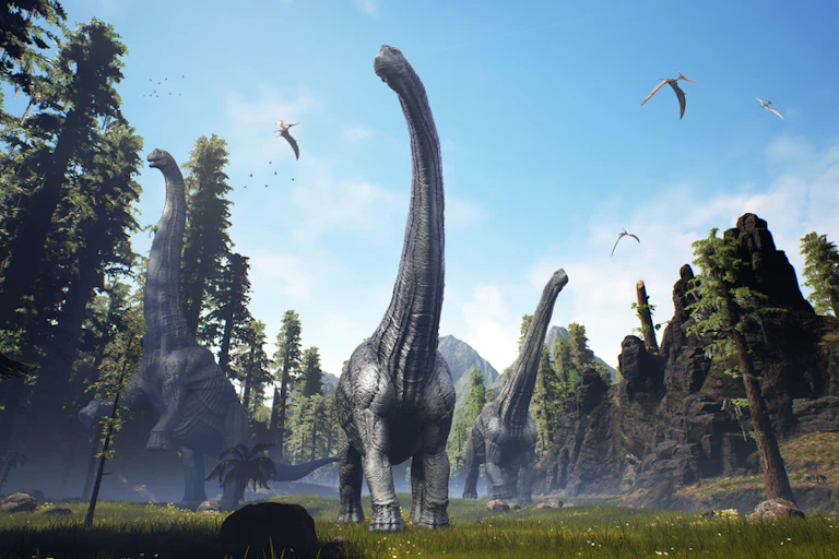 Three large dinosaurs with long necks towering over a forest landscape