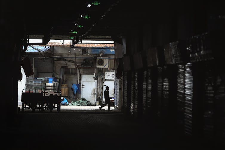 Dark image of the closed Huanan Seafood Wholesale Market, January 2020