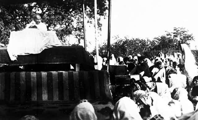 Gandhi speaks to a crowd