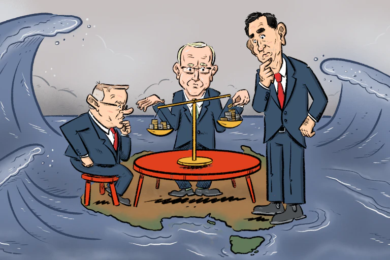 Philip Lowe balancing tiny scales on Australia, with Treasurer Jim Chalmers and PM Anthony Albanese, as gigantic waves rage around them.
