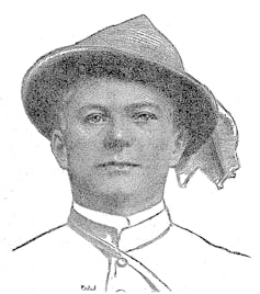 Pixelated portrait of man wearing a hat.