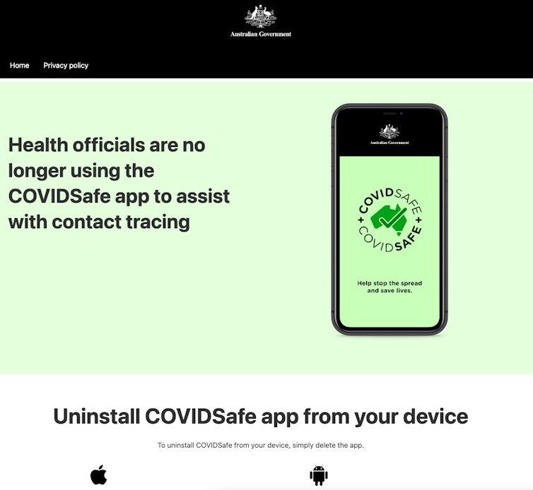 Green text on a website with the Australian government logo saying health authorities are no longer using the app