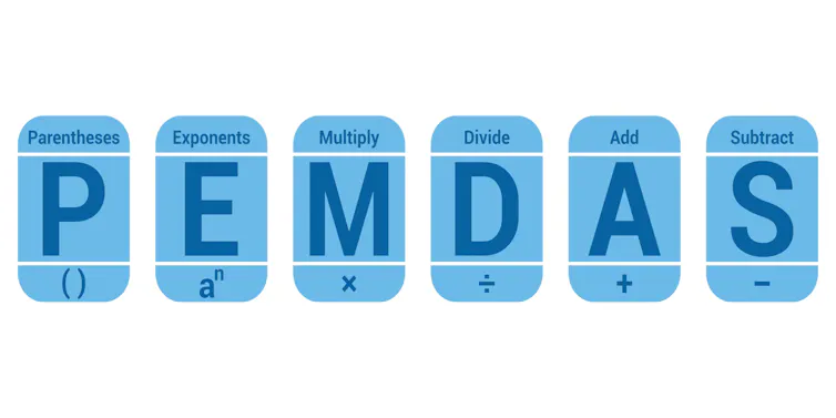 Image of the acronym PEMDAS spelled out referring to parentheses, exponents, multiplication, division.