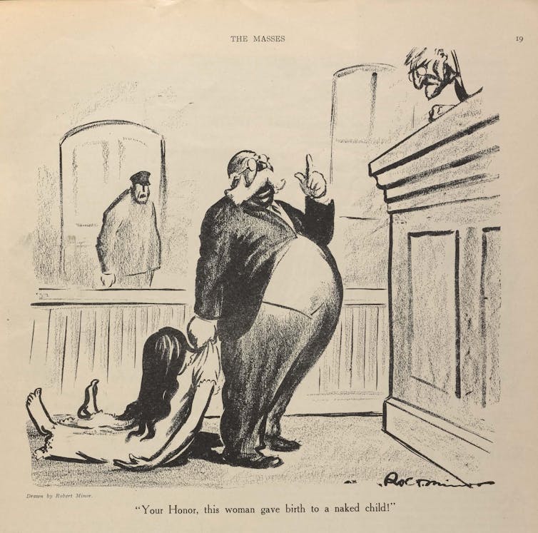 Black-and-white drawing showing a rotund man with a mustache dragging a limp woman behind him to a judge's bench in a courtroom