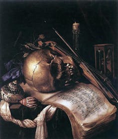 Painting of a skull, shells, musical compositions and an hourglass.