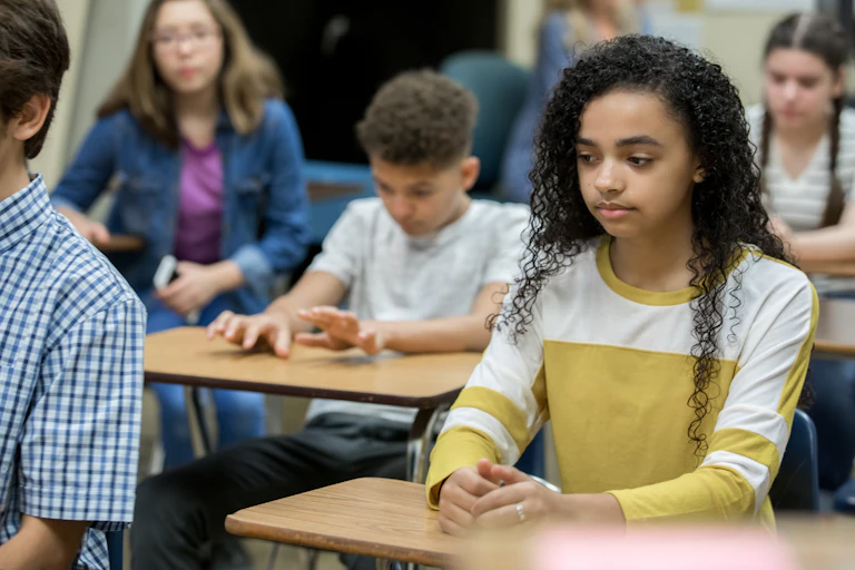 Students sit at their desks in a classroom.