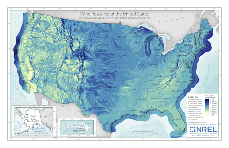 U.S. map showing wind speeds onshore and offshore