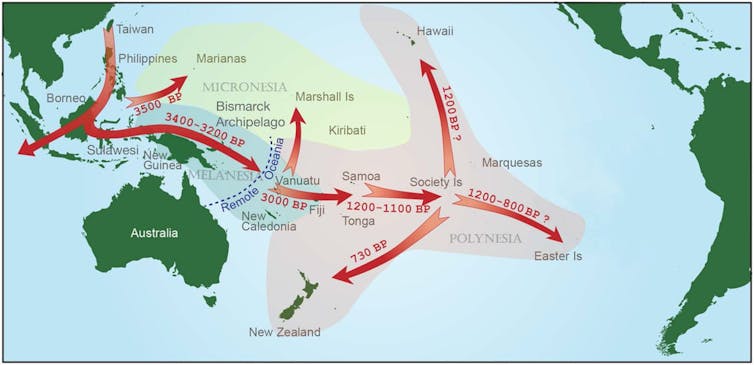 This map shows the direction of the Austronesian expansion from Taiwan into the Pacific.