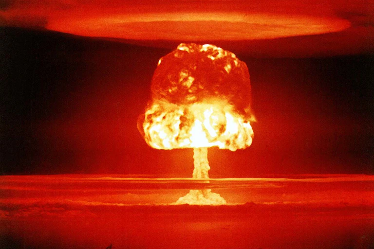 An ominous red mushroom cloud.