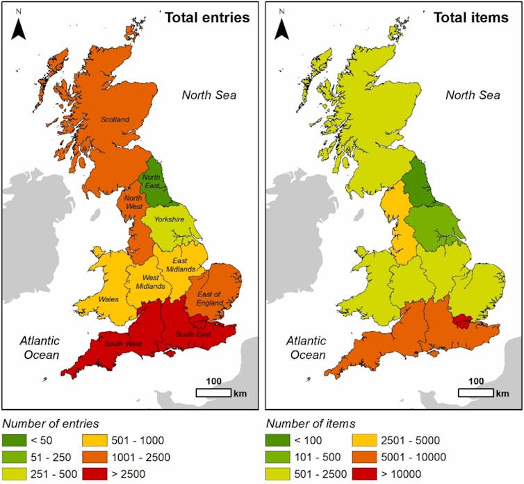 Two maps of the UK depicting total app entries and total litter found by region.