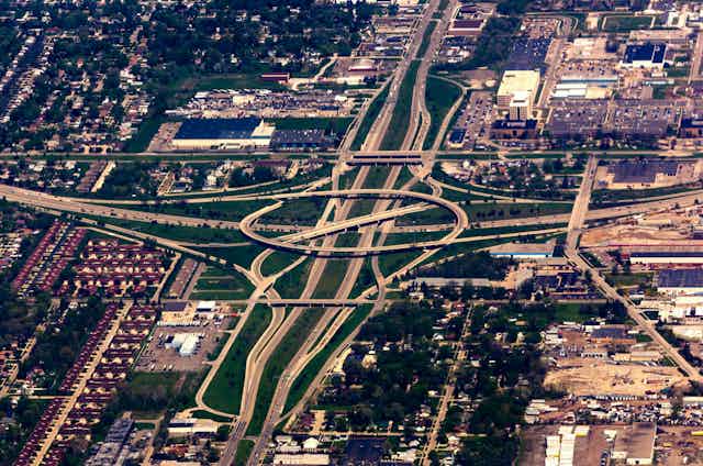 Highway interchange seen from above.