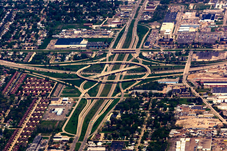 Highway interchange seen from above.