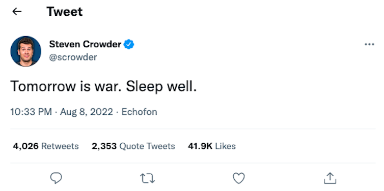A tweet that says 'Tomorrow is war. Sleep well.'