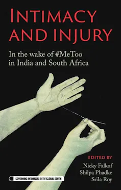 A book with a black cover and illustration of one hand stitching another hand with a needle and thread and the words, in red,