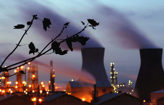 Power plants blurred behind a tree branch at dusk.