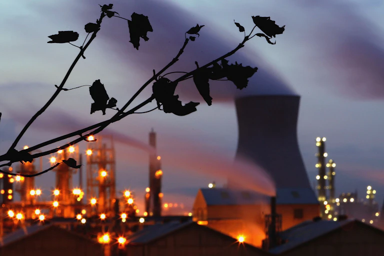 Power plants blurred behind a tree branch at dusk.