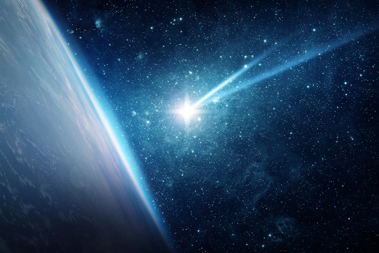 View of a planet's surface from space with a bright meteor heading towards it