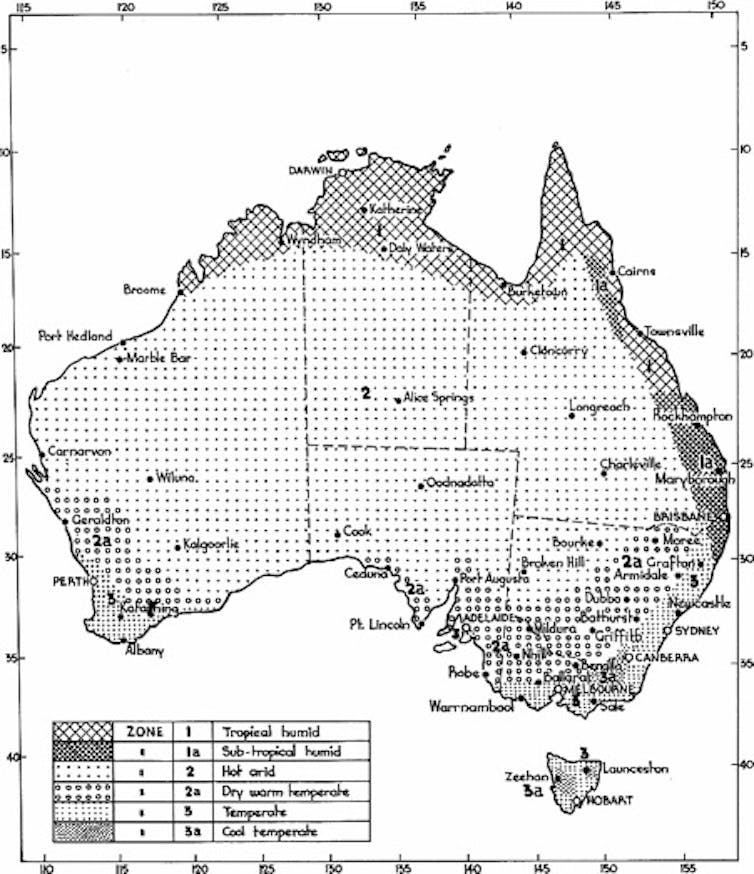 A map of Australian climate zones from a study of the thermal performance of housing