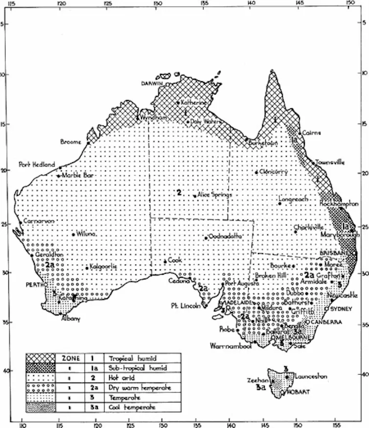 A map of Australian climate zones from a study of the thermal performance of housing